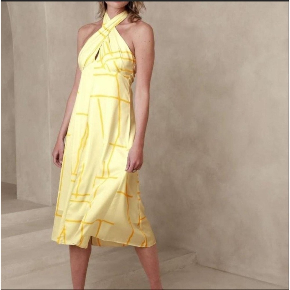Banana Republic Wrap Halter Sun Dress 10 Yellow Lotus Grid‎ Print Midi Maxi